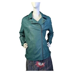Cleo Hunter Green Vegan Leather Moto Jacket Asymmetrical Zip Biker | Medium